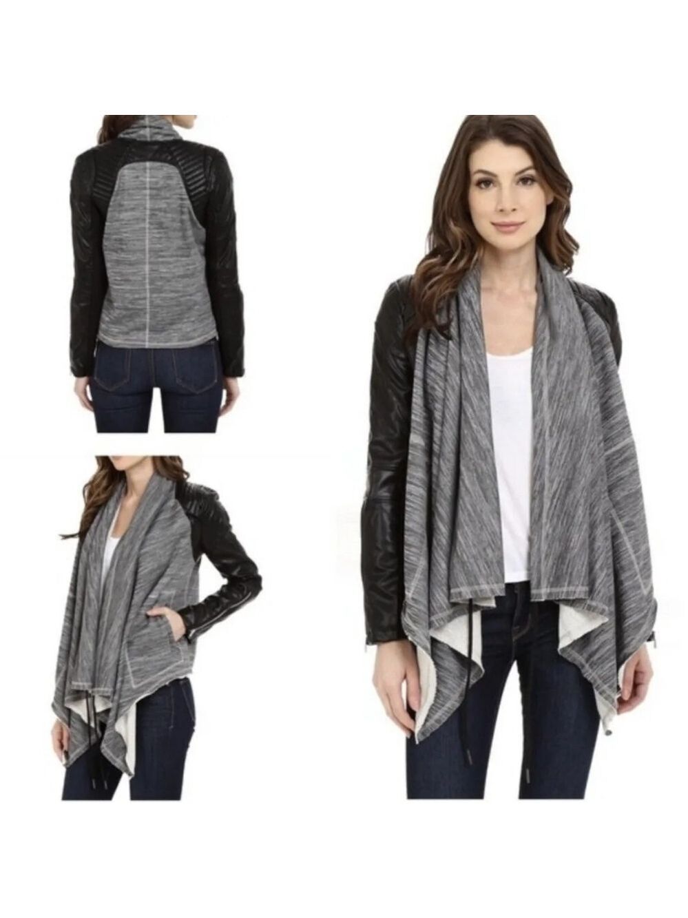 Blank NYC Dating & Waiting Faux Leather Drap Front Sweater Jacket
